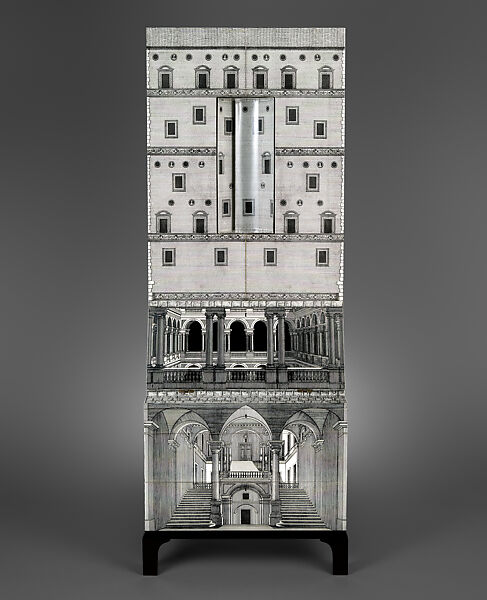 "Architettura", Piero Fornasetti (Italian, 1913–1988), Screen-printed wood fiberboard, mahogany, brass, wire, electric light