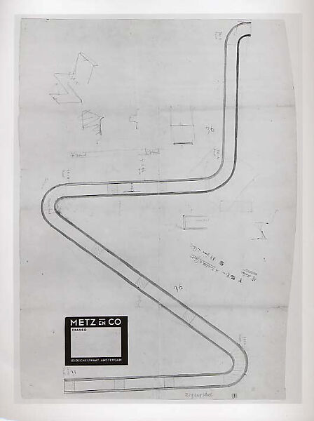 Drawing, Gerrit Rietveld (Dutch, Utrecht 1888–1964 Utrecht), Graphite, ink, crayon, and pasted printed label on paper 