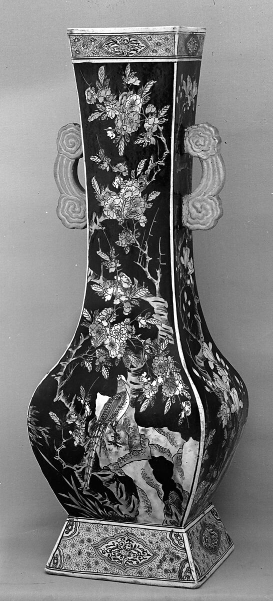 Vase with birds and flowers, Porcelain painted in polychrome enamels over black ground (Jingdezhen ware, famille noire), China 