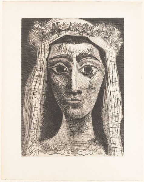 Jacqueline Dressed as a Bride Full Face I, Pablo Picasso (Spanish, Malaga 1881–1973 Mougins, France), Aquatint and drypoint; eleventh state 