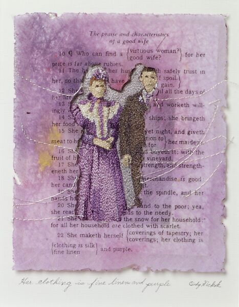 Fine Linen and Purple, Cindy Hickok (American, born 1936), Rayon threads, cotton, painted and photocopied Lutridor, graphite on card 