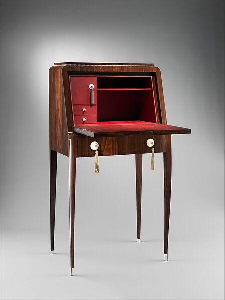 "Tibattant" Desk, Emile-Jacques Ruhlmann (French, Paris 1879–1933 Paris), Macassar ebony, ivory, leather, aluminum leaf, silver, silk, oak, lumber-core plywood, poplar, mahogany, French