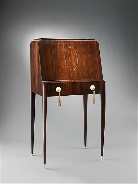 "Tibattant" Desk, Emile-Jacques Ruhlmann (French, Paris 1879–1933 Paris), Macassar ebony, ivory, leather, aluminum leaf, silver, silk, oak, lumber-core plywood, poplar, mahogany, French 