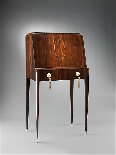 "Tibattant" Desk, Emile-Jacques Ruhlmann  French, Macassar ebony, ivory, leather, aluminum leaf, silver, silk, oak, lumber-core plywood, poplar, mahogany, French