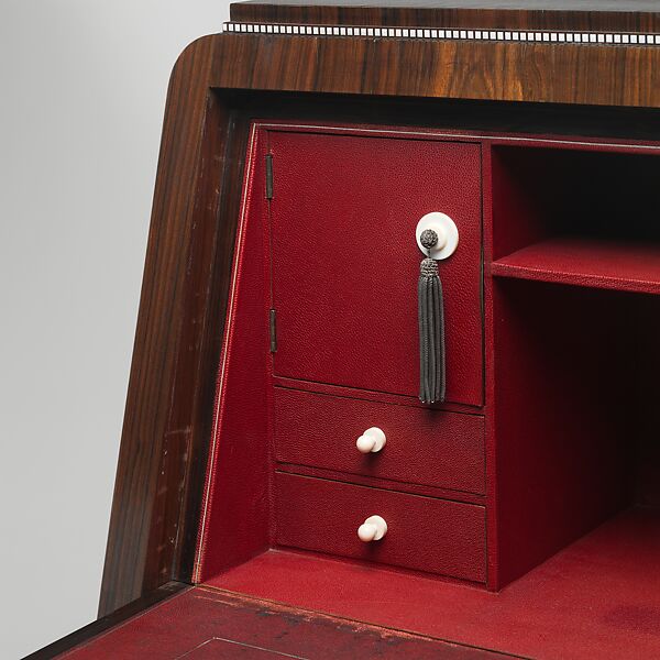 "Tibattant" Desk, Emile-Jacques Ruhlmann (French, Paris 1879–1933 Paris), Macassar ebony, ivory, leather, aluminum leaf, silver, silk, oak, lumber-core plywood, poplar, mahogany, French