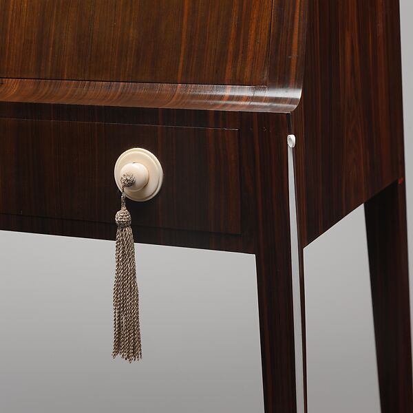 "Tibattant" Desk, Emile-Jacques Ruhlmann (French, Paris 1879–1933 Paris), Macassar ebony, ivory, leather, aluminum leaf, silver, silk, oak, lumber-core plywood, poplar, mahogany, French