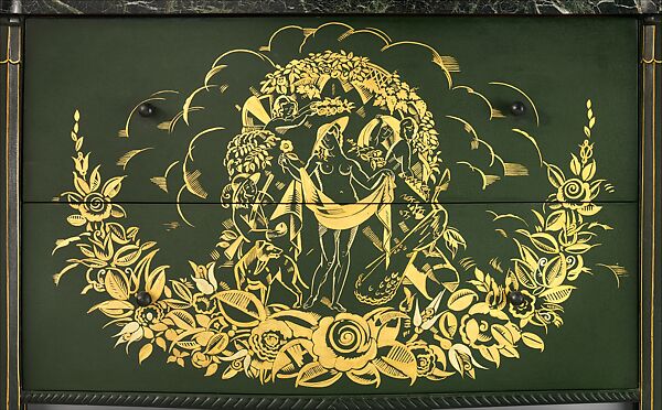 Commode, Louis Süe (French, Bordeaux 1875–1968 Paris), Oak, lumber-core plywood, chestnut, marble, paint, gold leaf, French