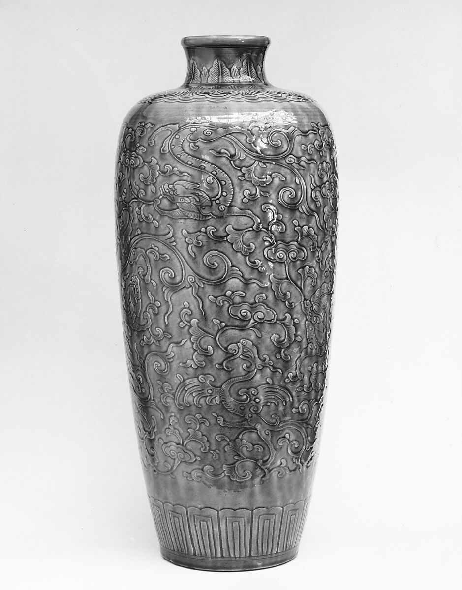 Vase with chi dragons, Porcelain with relief decoration under turqoise glaze (Jingdezhen ware), China 