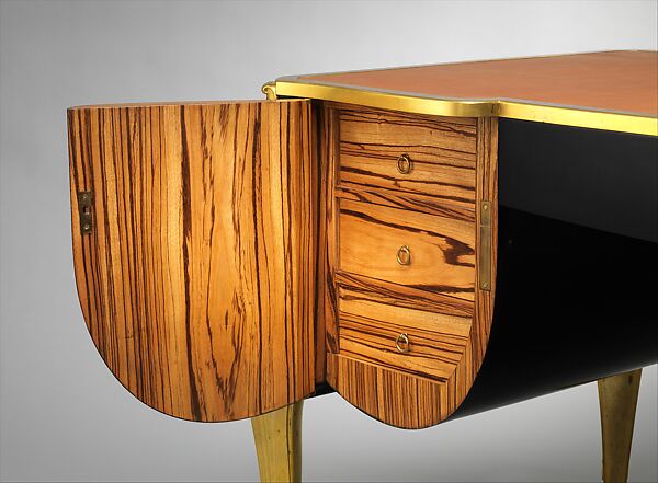 Desk, Louis Süe (French, Bordeaux 1875–1968 Paris), Ebonized wood (probably beech), oak, zebrawood, gilt bronze, leather
