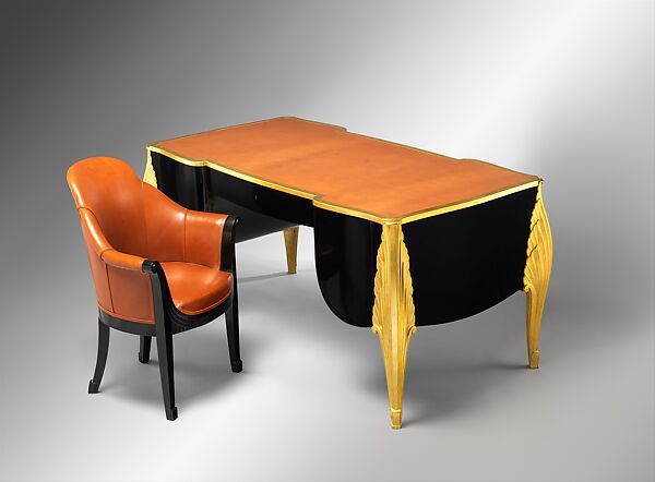 Desk, Louis Süe  French, Ebonized wood (probably beech), oak, zebrawood, gilt bronze, leather