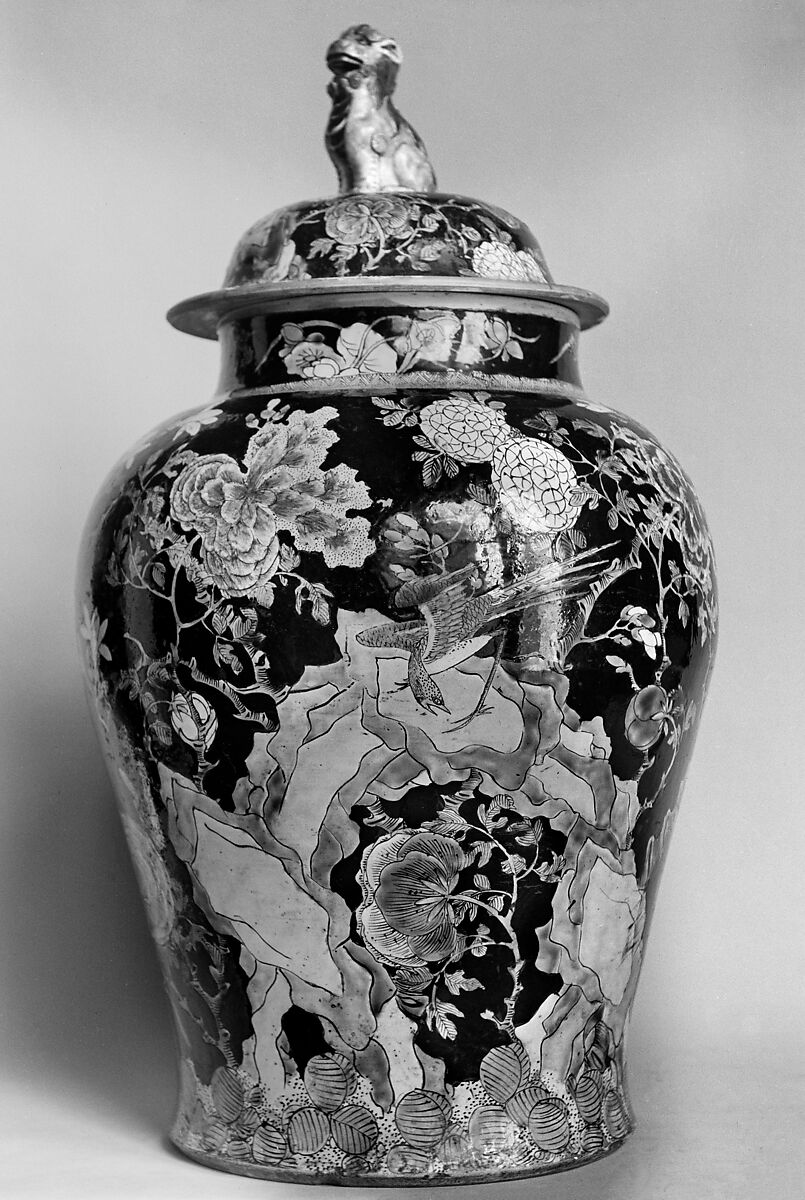 Covered jar with birds and flowers, Porcelain painted in polychrome enamels over black ground (Jingdezhen ware, famille noire), China 