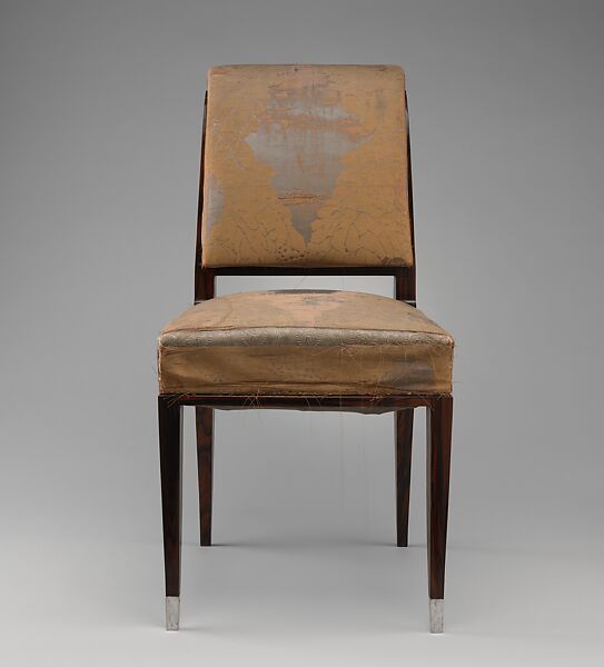 "Drouant" Side Chair, Emile-Jacques Ruhlmann  French, Macassar ebony, silvered bronze, modern silk upholstery