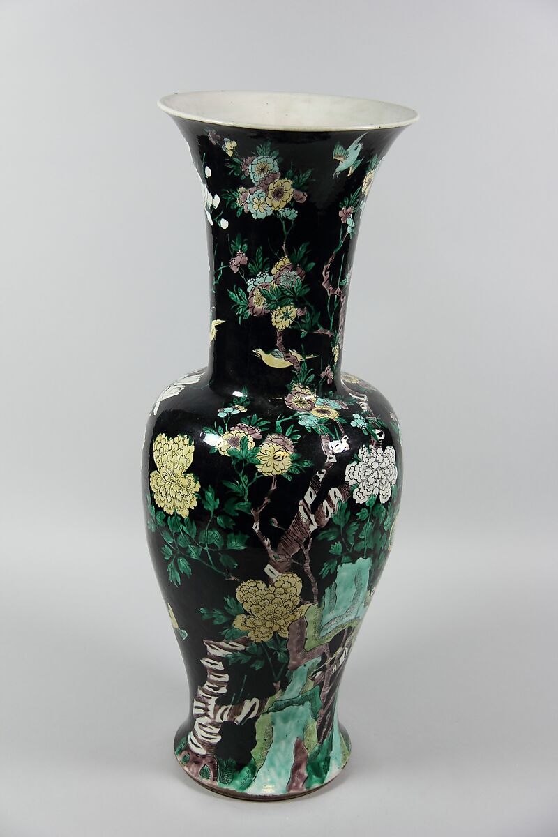 Vase with birds and flowers, Porcelain painted in polychrome enamels over black ground (Jingdezhen ware, famille noire), China 