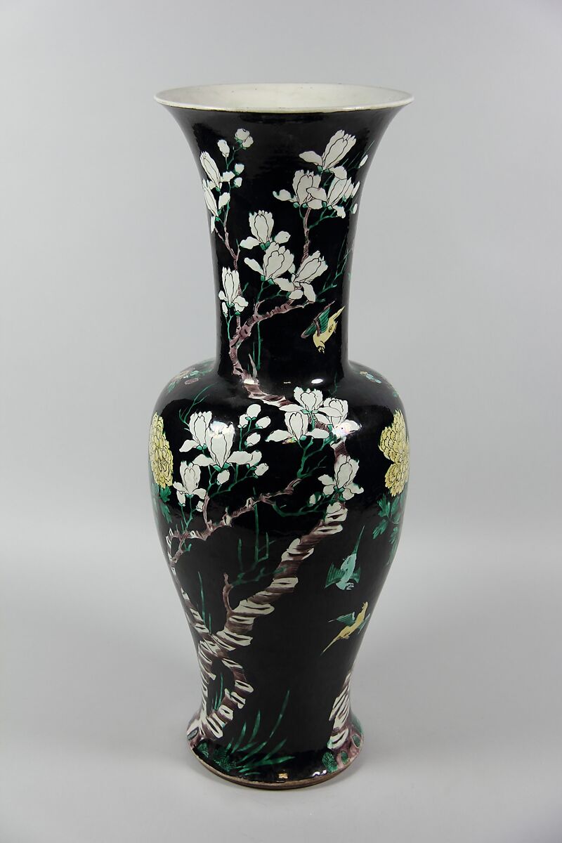 Vase with birds and flowers, Porcelain painted in polychrome enamels over black ground (Jingdezhen ware, famille noire), China