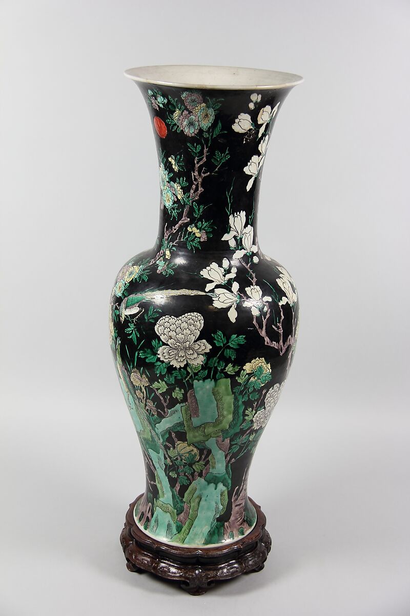 Vase with birds and flowers, Porcelain painted in polychrome enamels over black ground (Jingdezhen ware, famille noire), China