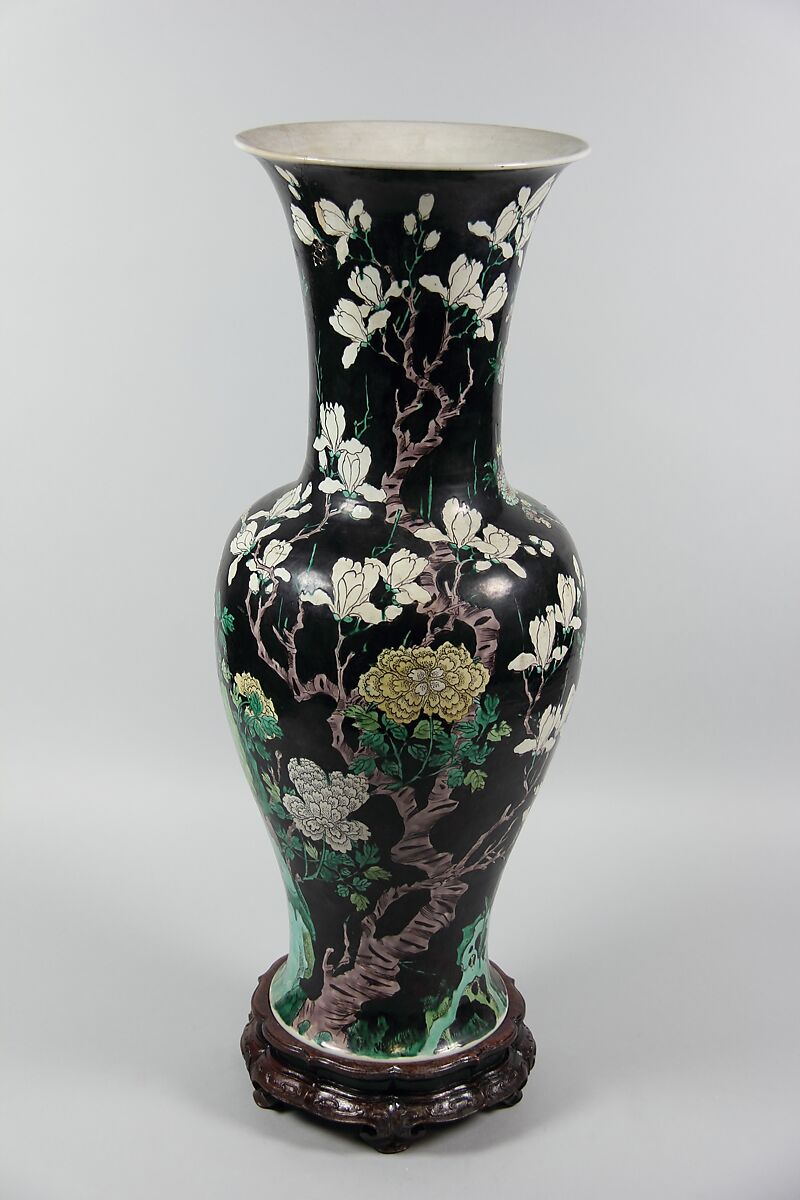 Vase with birds and flowers, Porcelain painted in polychrome enamels over black ground (Jingdezhen ware, famille noire), China
