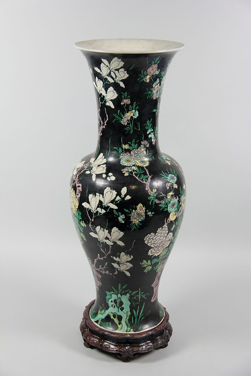 Vase with birds and flowers, Porcelain painted in polychrome enamels over black ground (Jingdezhen ware, famille noire), China