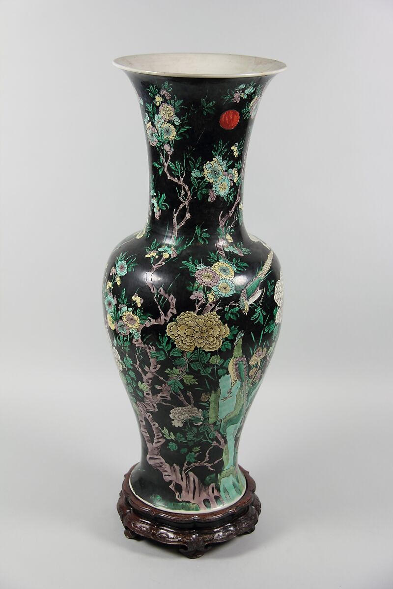 Vase with birds and flowers, Porcelain painted in polychrome enamels over black ground (Jingdezhen ware, famille noire), China 