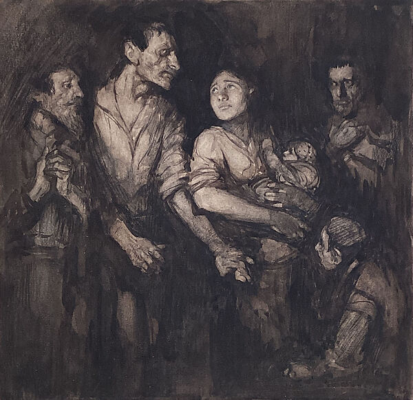 The Refugees, John Henry Amshewitz (British, 1882–1942), Black and brown inks, dark gray crayon, with traces of white highlights on board 