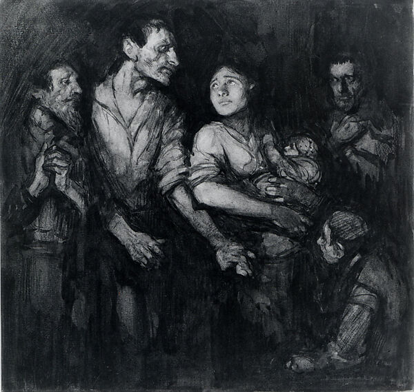 The Refugees, John Henry Amshewitz (British, 1882–1942), Black and brown inks, dark gray crayon, with traces of white highlights on board 
