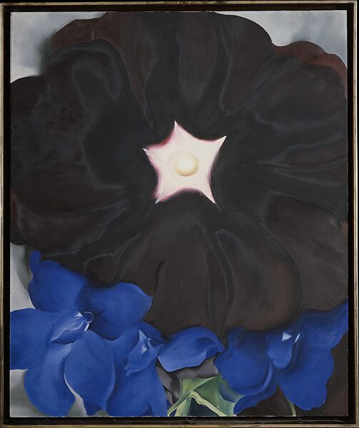 Black Hollyhock, Blue Larkspur, Georgia O&#39;Keeffe (American, Sun Prairie, Wisconsin 1887–1986 Santa Fe, New Mexico), Oil on canvas 