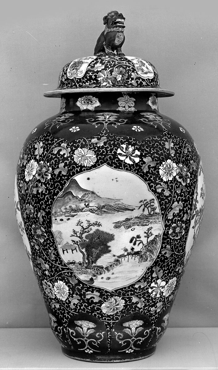 Covered jar with landscape and flowers, Porcelain painted in overglaze polychrome enamels (Jingdezhen ware), China 