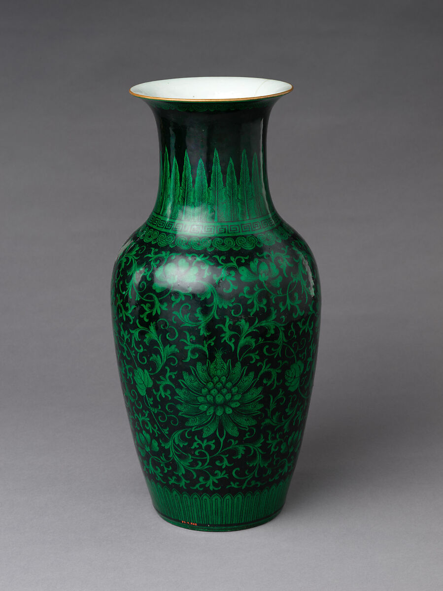 Vase with floral scrolls, Porcelain painted in green enamel over black ground (Jingdezhen ware), China