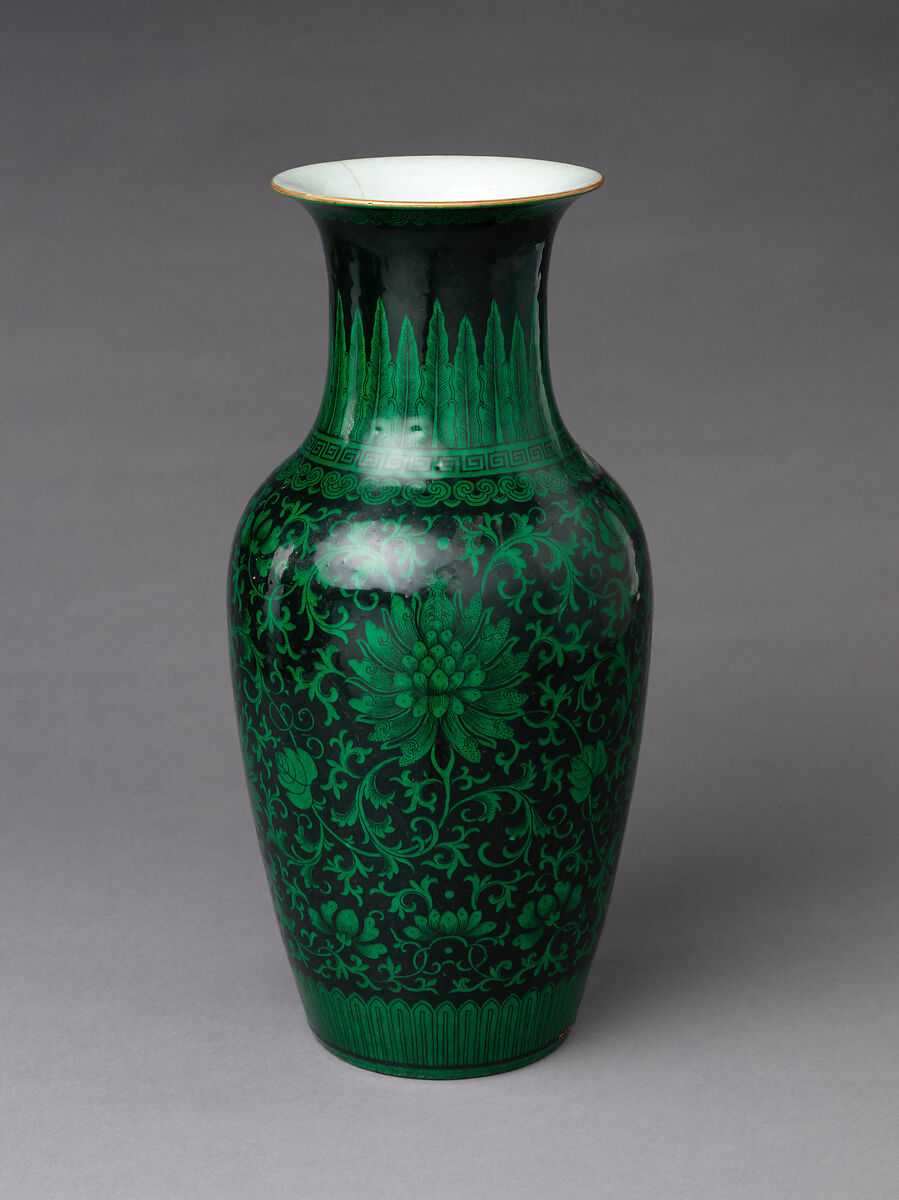 Vase with floral scrolls, Porcelain painted in green enamel over black ground (Jingdezhen ware), China