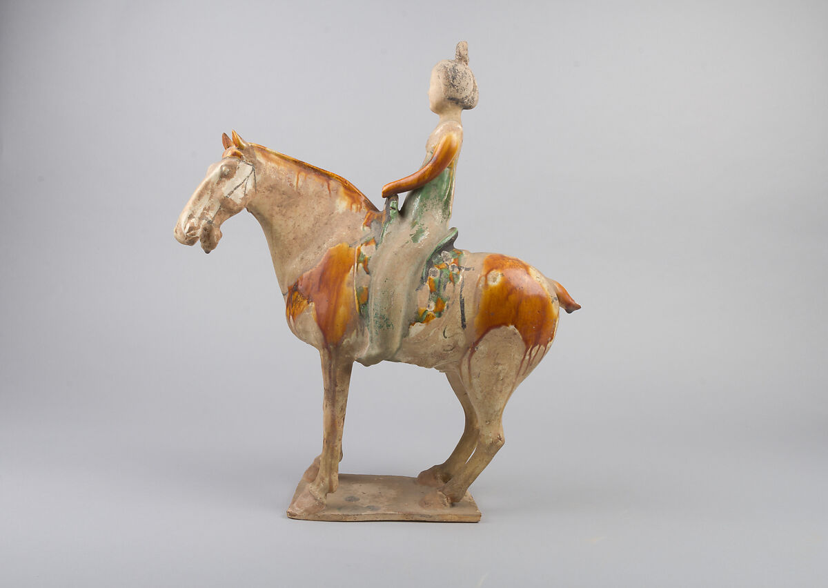 Horse and female rider, Earthenware with three color (sancai) glaze, China