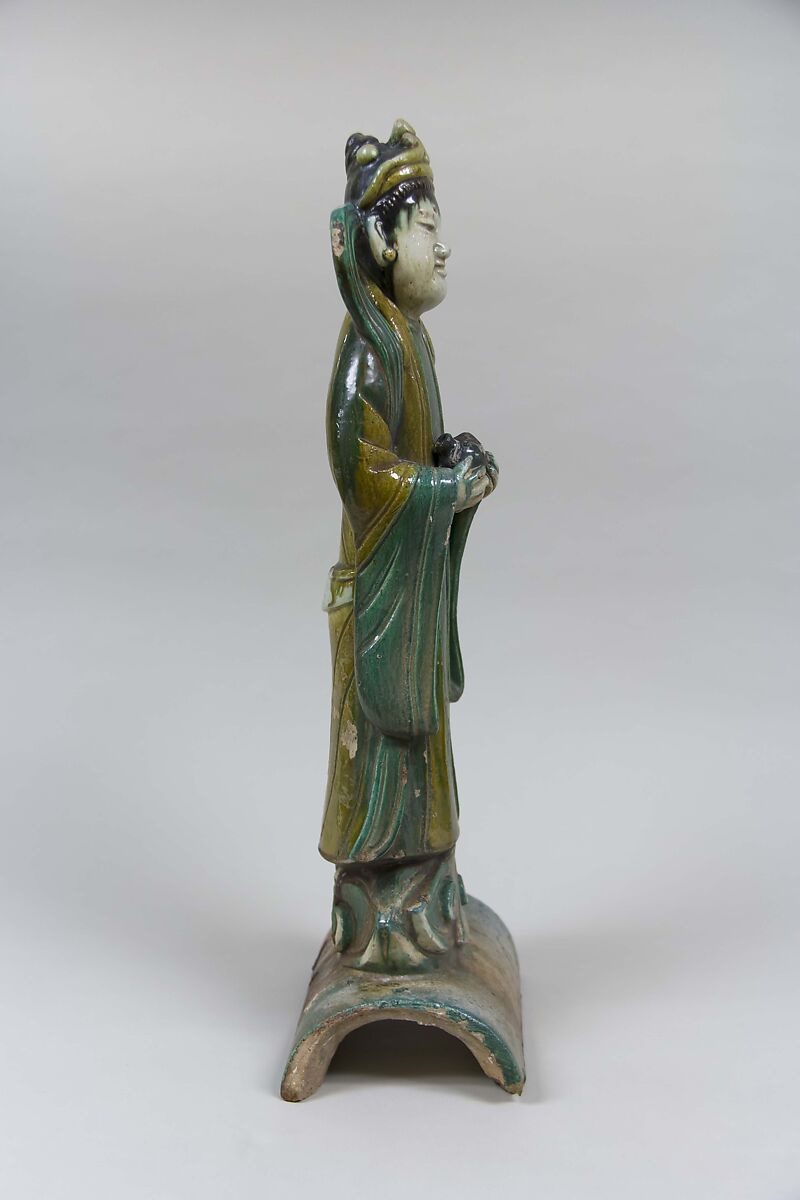 Roof tile with a standing figure, Stoneware with polychrome enamels, China