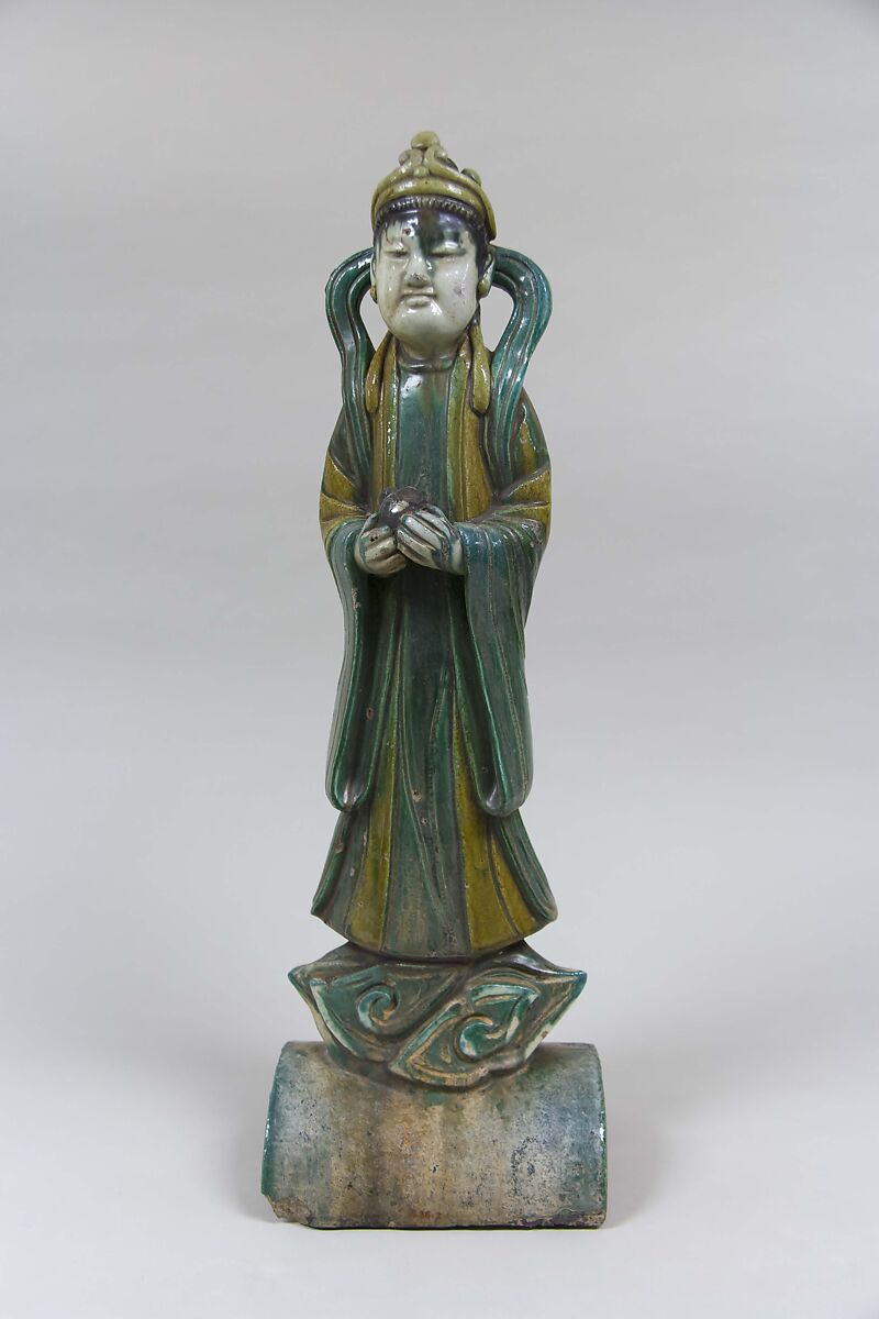 Roof tile with a standing figure, Stoneware with polychrome enamels, China 