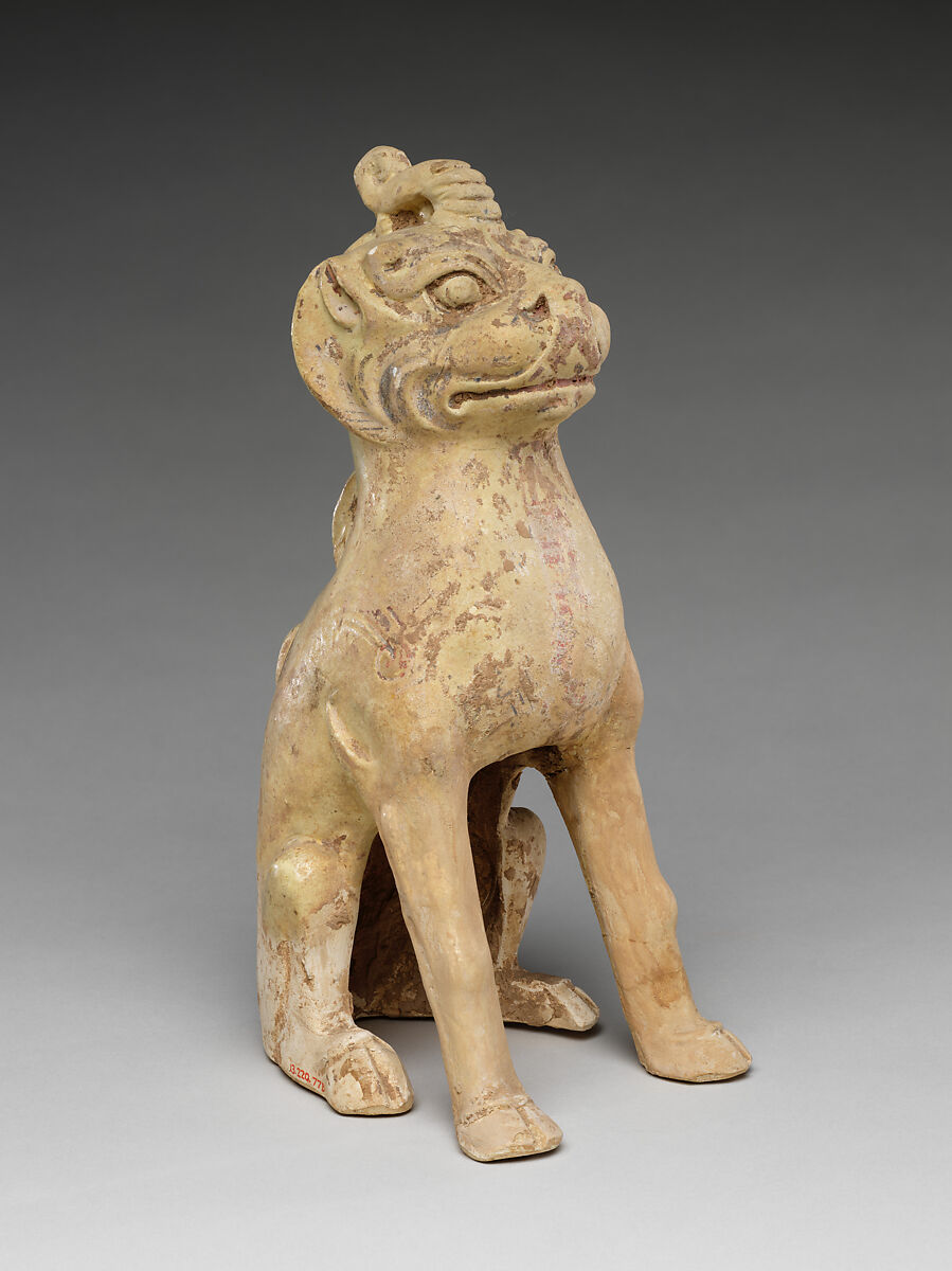 Tomb guardian beasts with dog, Earthenware with pale green glaze, China