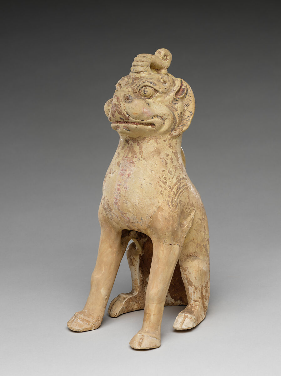 Tomb guardian beasts with dog, Earthenware with pale green glaze, China