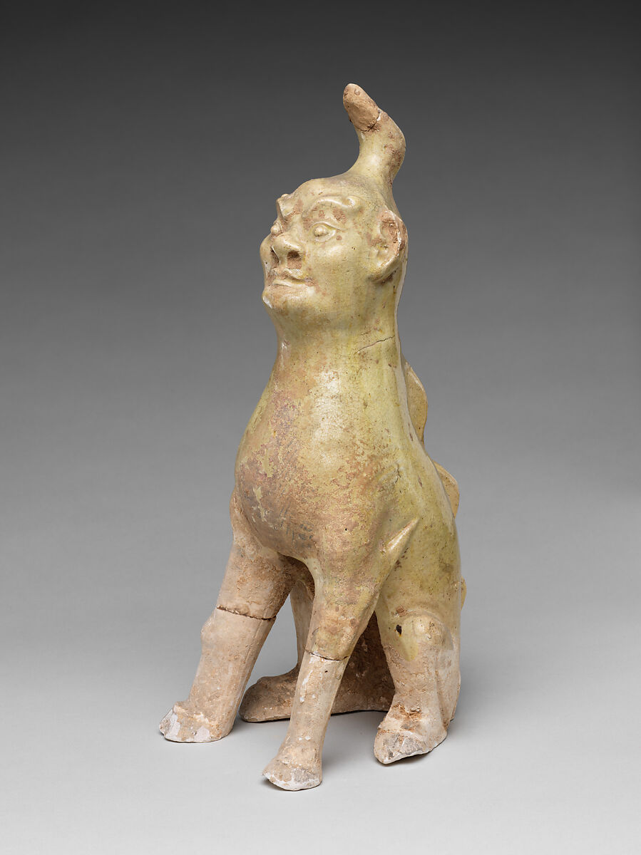 Tomb guardian beasts with dog, Earthenware with pale green glaze, China