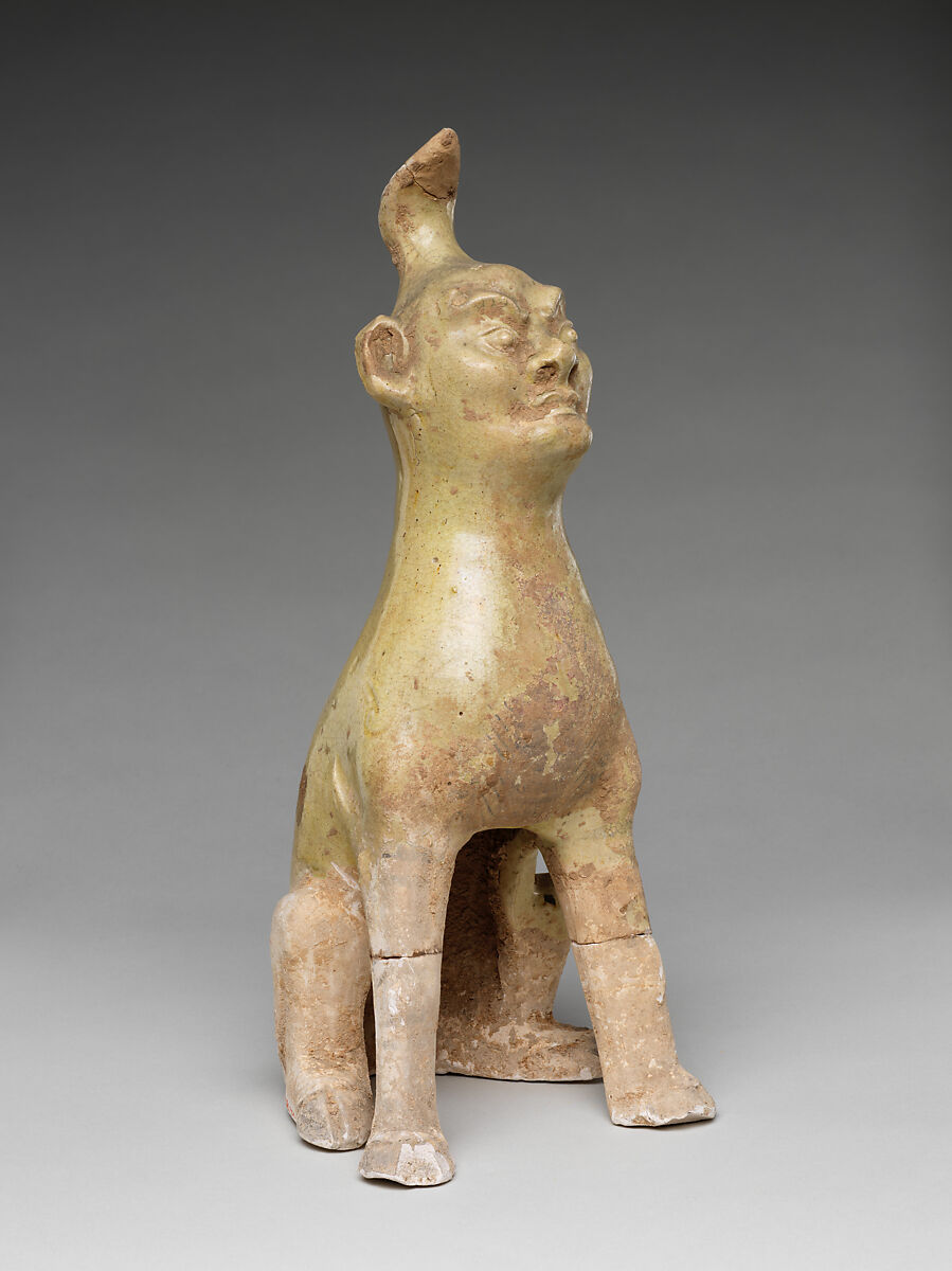 Tomb guardian beasts with dog, Earthenware with pale green glaze, China