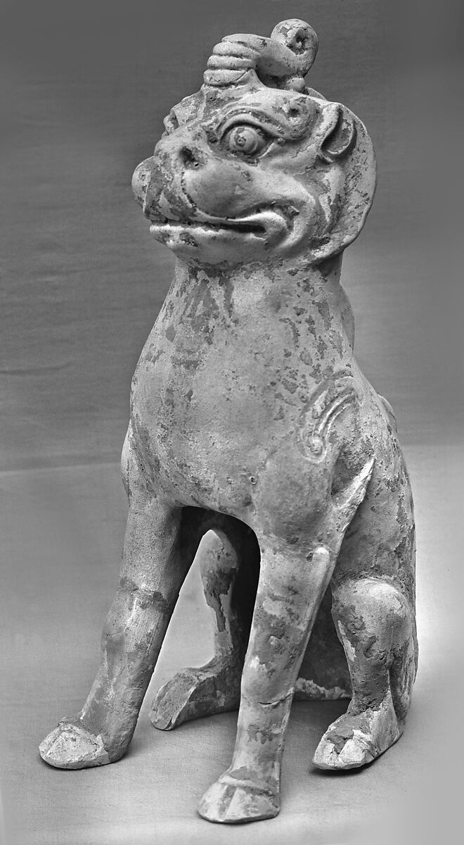 Tomb guardian beasts with dog, Earthenware with pale green glaze, China