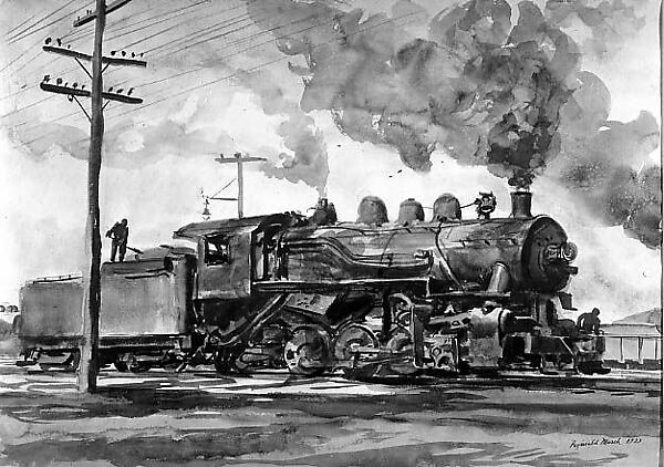 Locomotive, Reginald Marsh (American, Paris 1898–1954 Dorset, Vermont), Watercolor and graphite on paper 