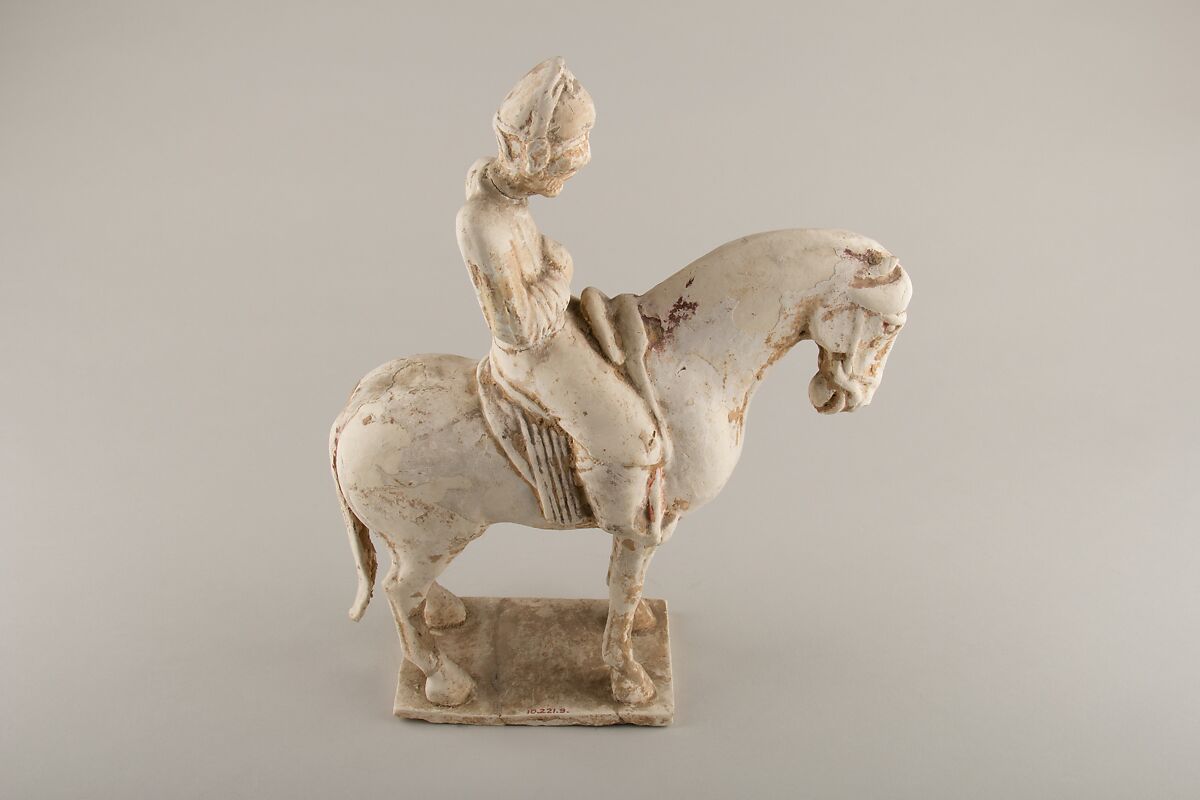 Horse and rider, Earthenware with traces of pigment, China 