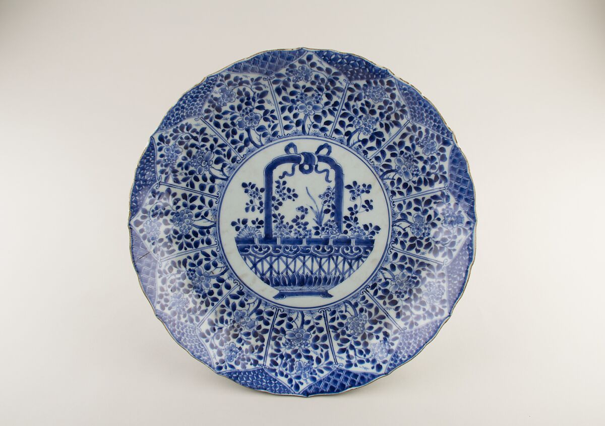 Plate with flower basket, Porcelain painted in underglaze cobalt blue (Jingdezhen ware), China 