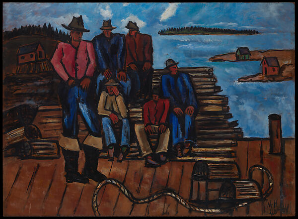 Lobster Fishermen, Marsden Hartley (American, Lewiston, Maine 1877–1943 Ellsworth, Maine), Oil on hardboard (masonite) 