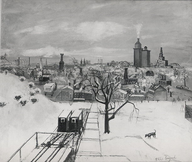 Kalamazoo in Winter, Philip Evergood (American, New York 1901–1973 Bridgewater, Connecticut), Oil-casein emulsions on linen, mounted on plywood 