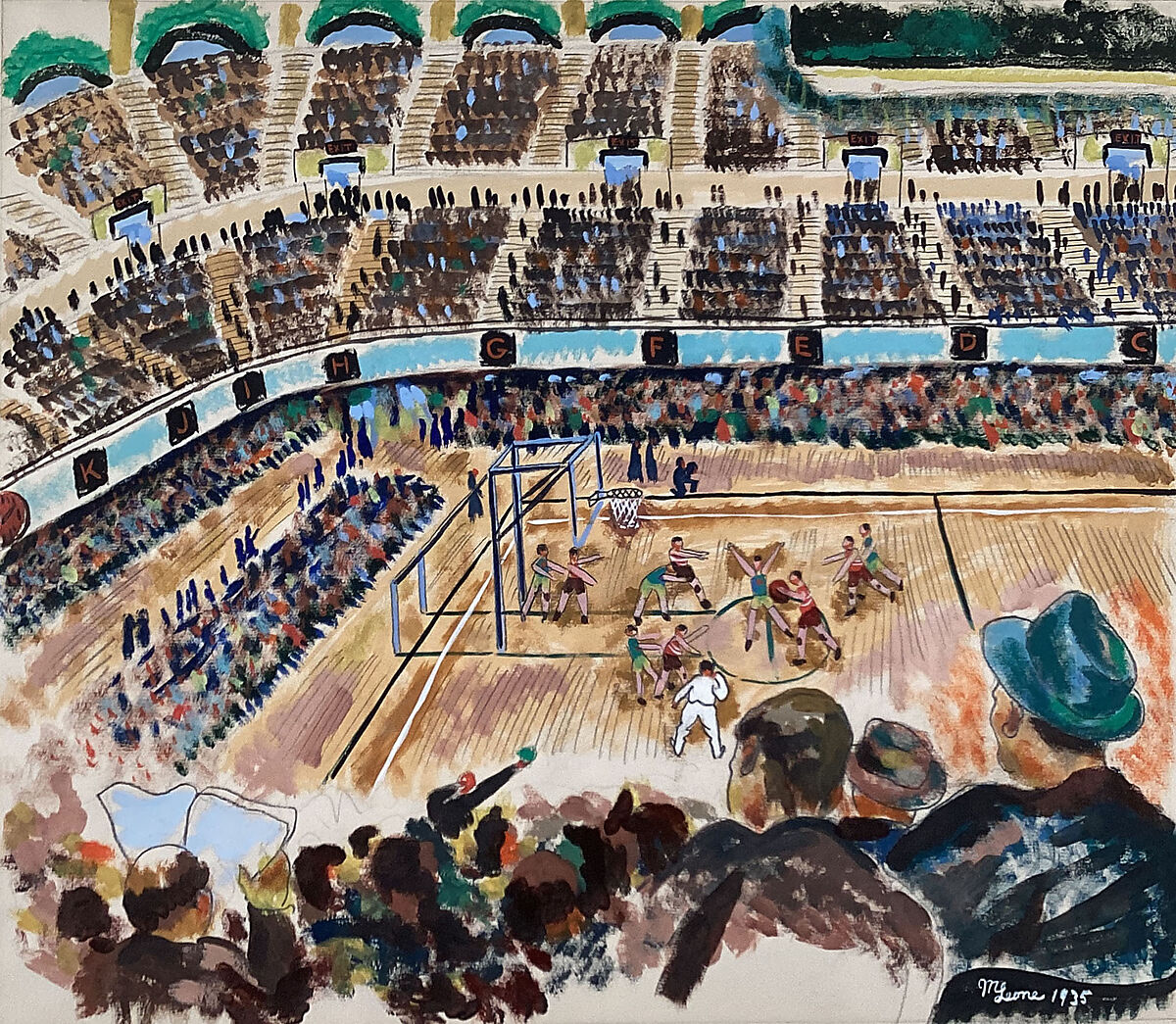 Basketball (Convention Hall, Philadelphia), Michael Leone (American, 1906–1982), Opaque watercolor and glossy, opaque paint with graphite on paper 