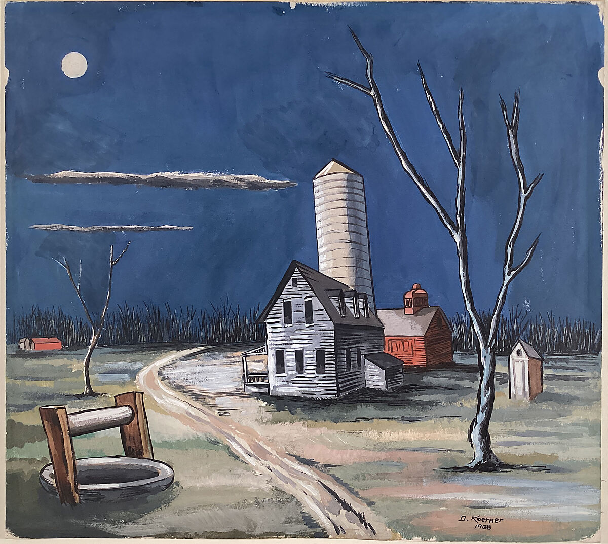 Farm in Moonlight, Daniel Koerner (American, New York 1909–1977 New York), Gouache on board 