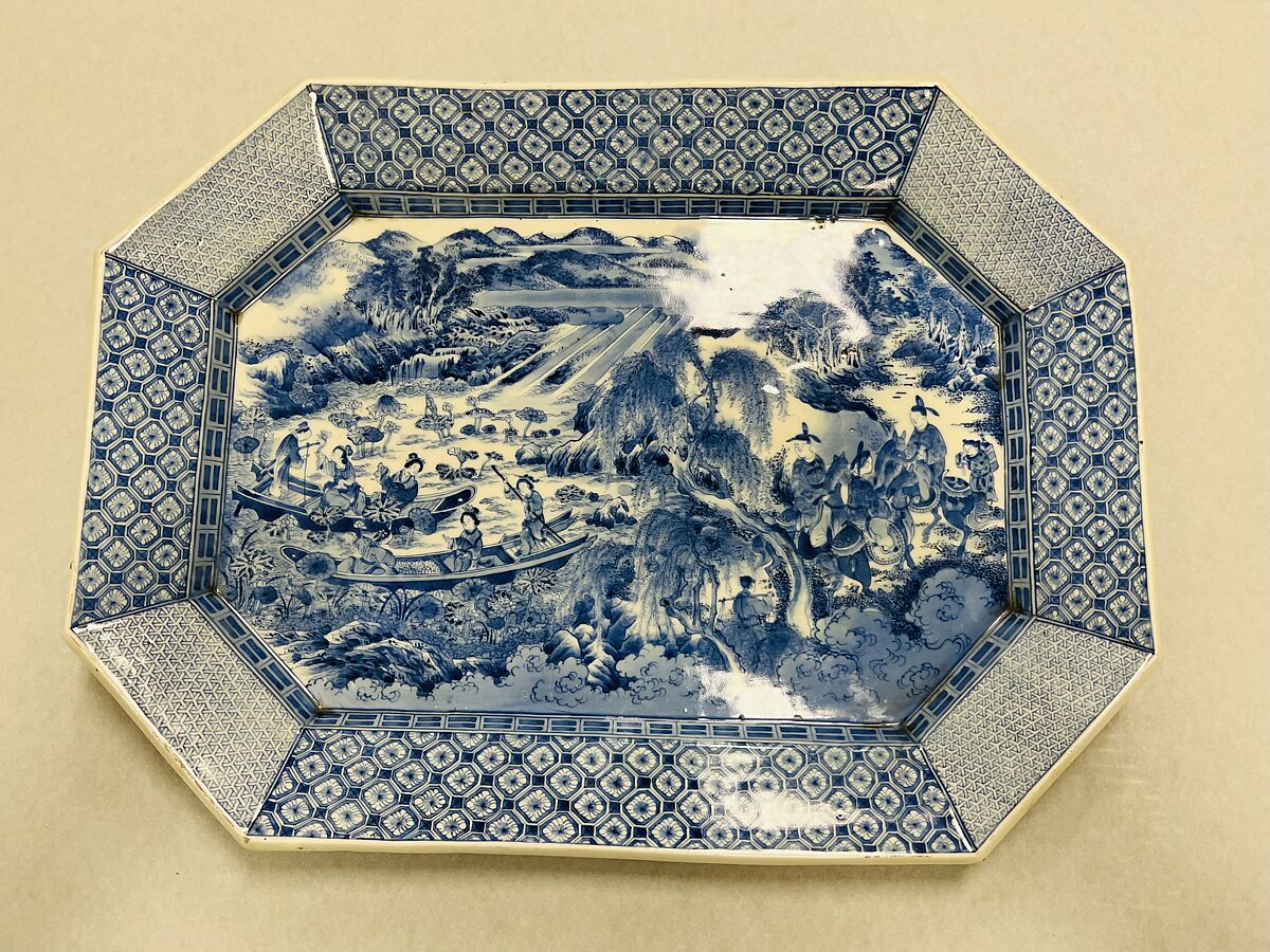 Large Octagonal Plate, White porcelain decorated with blue under the glaze (Kameyama ware), Japan 