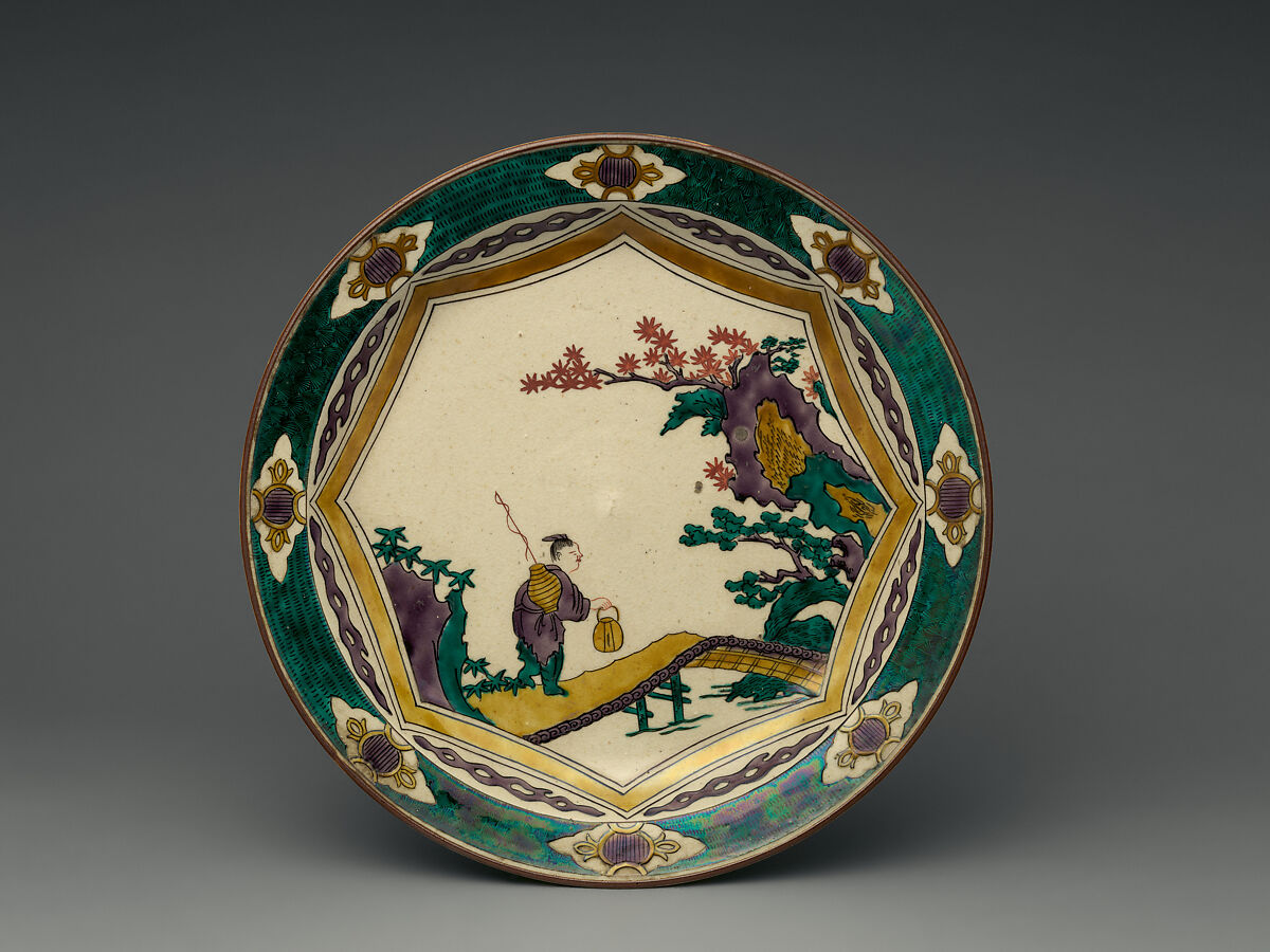Plate, Pottery covered with finely crackled glaze, decorated in polychrome enamels (Hizen ware, Kutani type)., Japan 