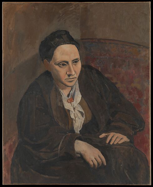 A painting by Pablo Picasso of the author Gertrude Stein. Stein is seated on a sofa, leaning forward and looking intently off to the right, her hands resting in her lap.