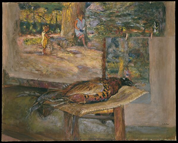 Interior with Paintings and a Pheasant, Edouard Vuillard (French, Cuiseaux 1868–1940 La Baule), Tempera and pastel on canvas 