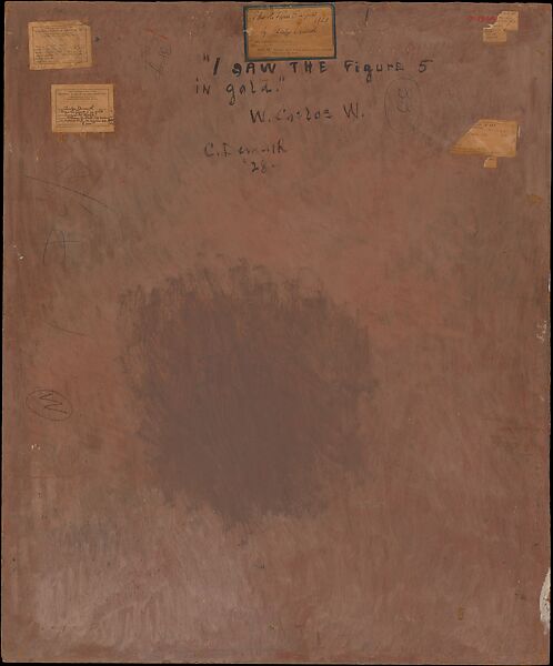 I Saw the Figure 5 in Gold, Charles Demuth (American, Lancaster, Pennsylvania 1883–1935 Lancaster, Pennsylvania), Oil, graphite, ink, and gold leaf on paperboard (Upson board)