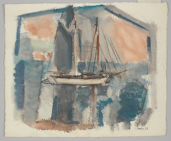 Two-Master, Becalmed, John Marin (American, Rutherford, New Jersey 1870–1953 Cape Split, Maine), Watercolor, crayon, and graphite on paper 