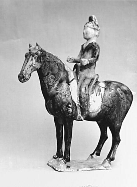 Horse and rider, Jin Renrui (Chinese, 1608–1661), Earthenware with brown glaze, China 